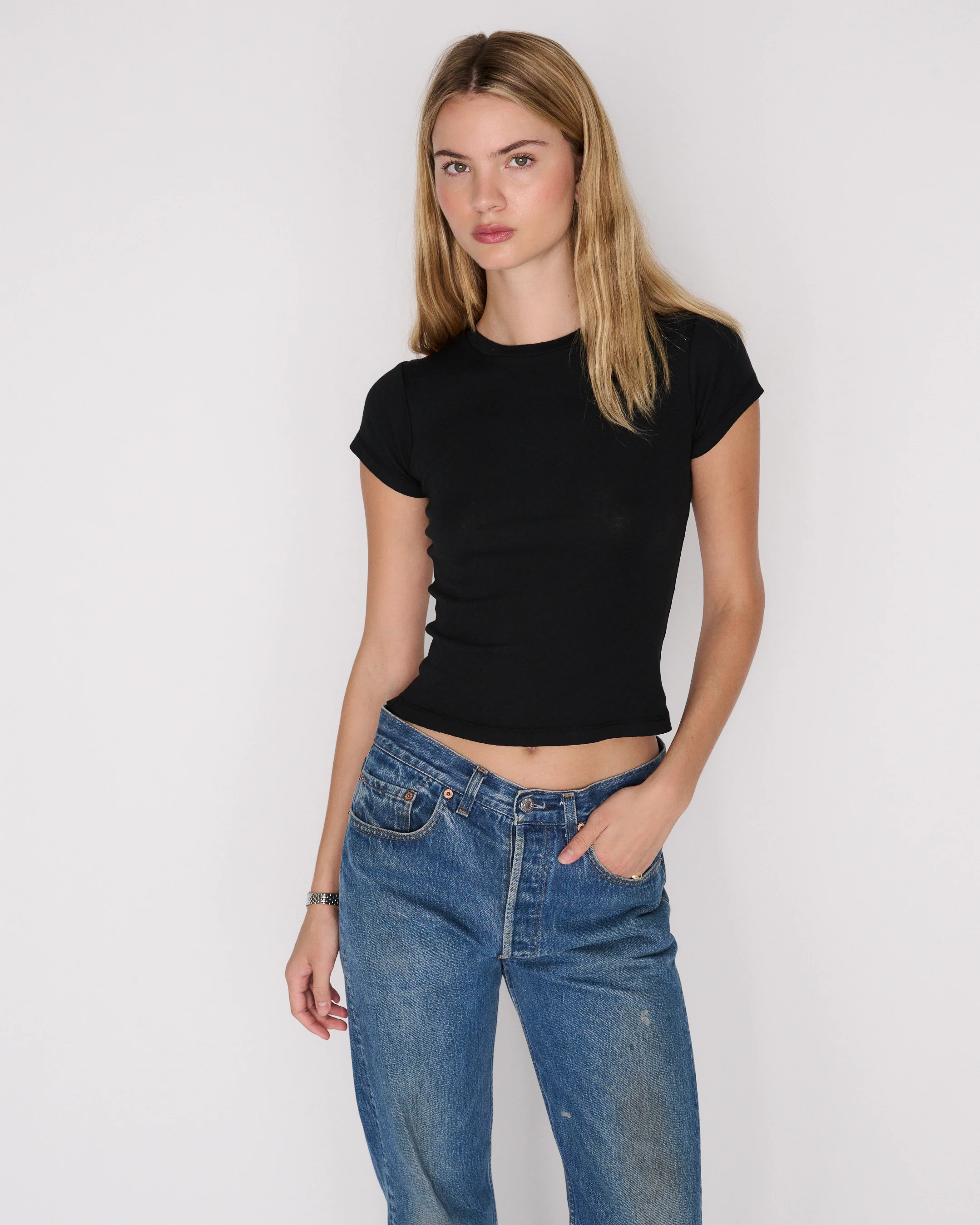 RLT POINTELLE BABY TEE — BLACK - Image 2
