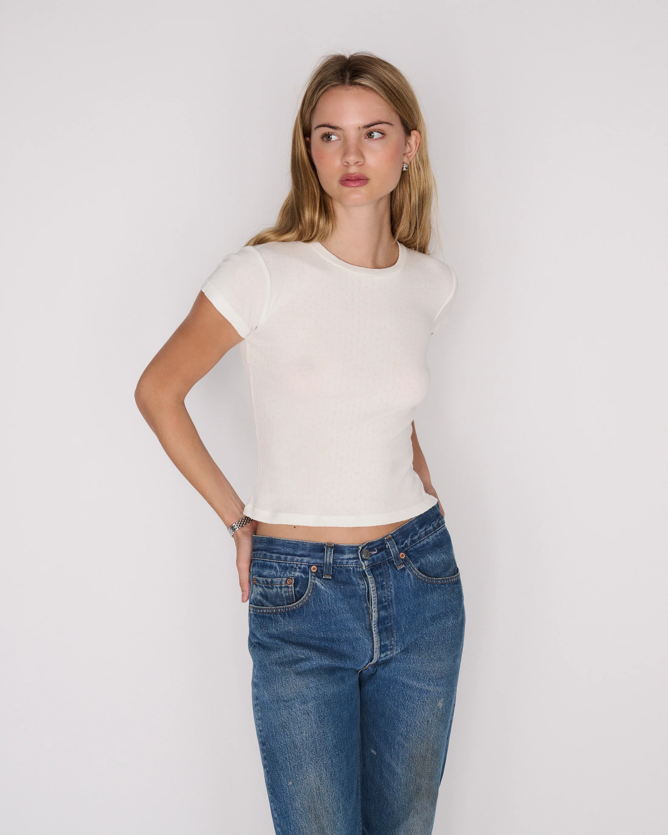 RLT POINTELLE BABY TEE — WHITE - Image 2